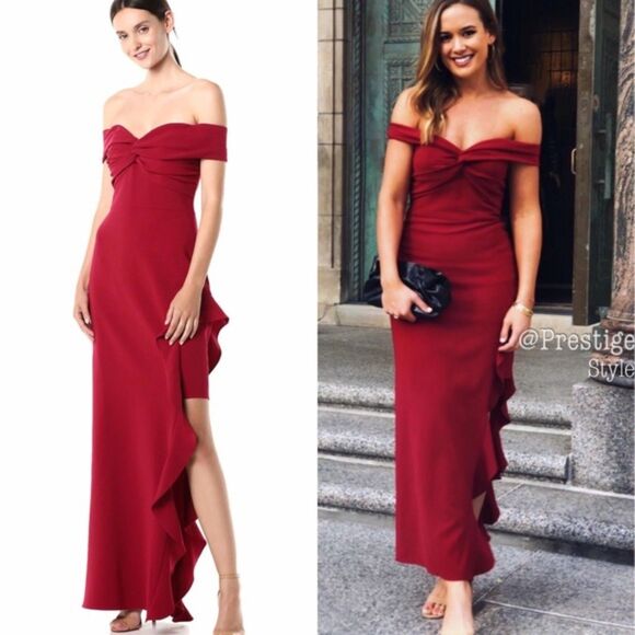 Shoshanna Midnight Off the Shoulder Ruffle Slit Cocktail Long Gown Red 4 - Picture 3 of 13